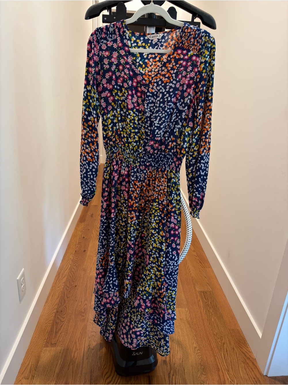 Nanette Lepore Navy Floral Long-Sleeve Flowy Dress with Multicolor Blooms